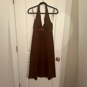 🤎Max & Cleo Y2K Brown Beaded Silk Halter Midi Dress Size 2